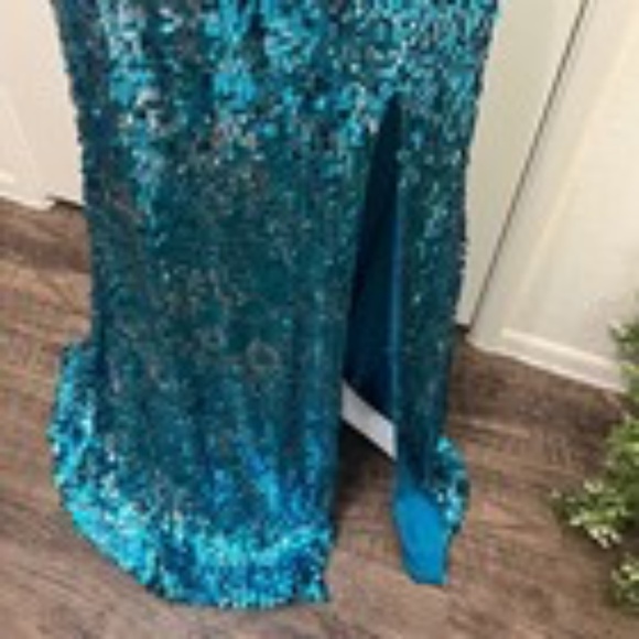 Sean Collection Sequined Lattice Back Mermaid Gown Dress Strapless Aqua Teal 10 - Picture 5 of 14